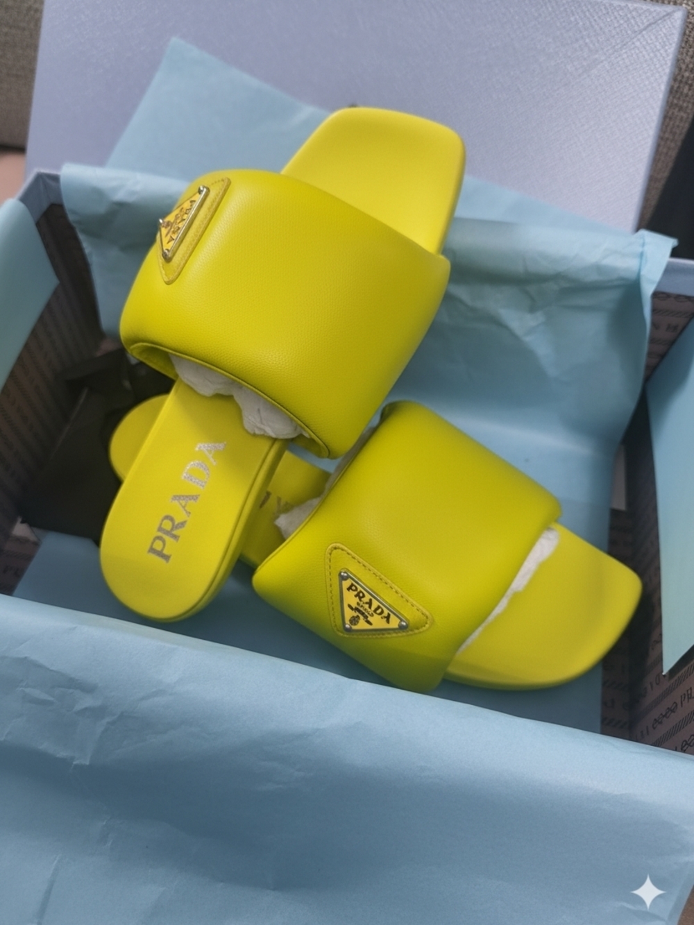Prada Neon Yellow Logo Slide Sandals with Triangle Plaque